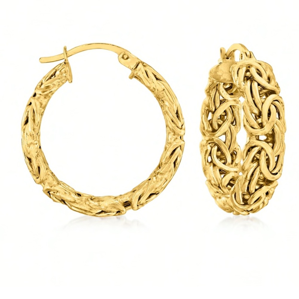 Classic 18K Yellow Gold Over Sterling Byzantine Style Hoop Earrings 1”